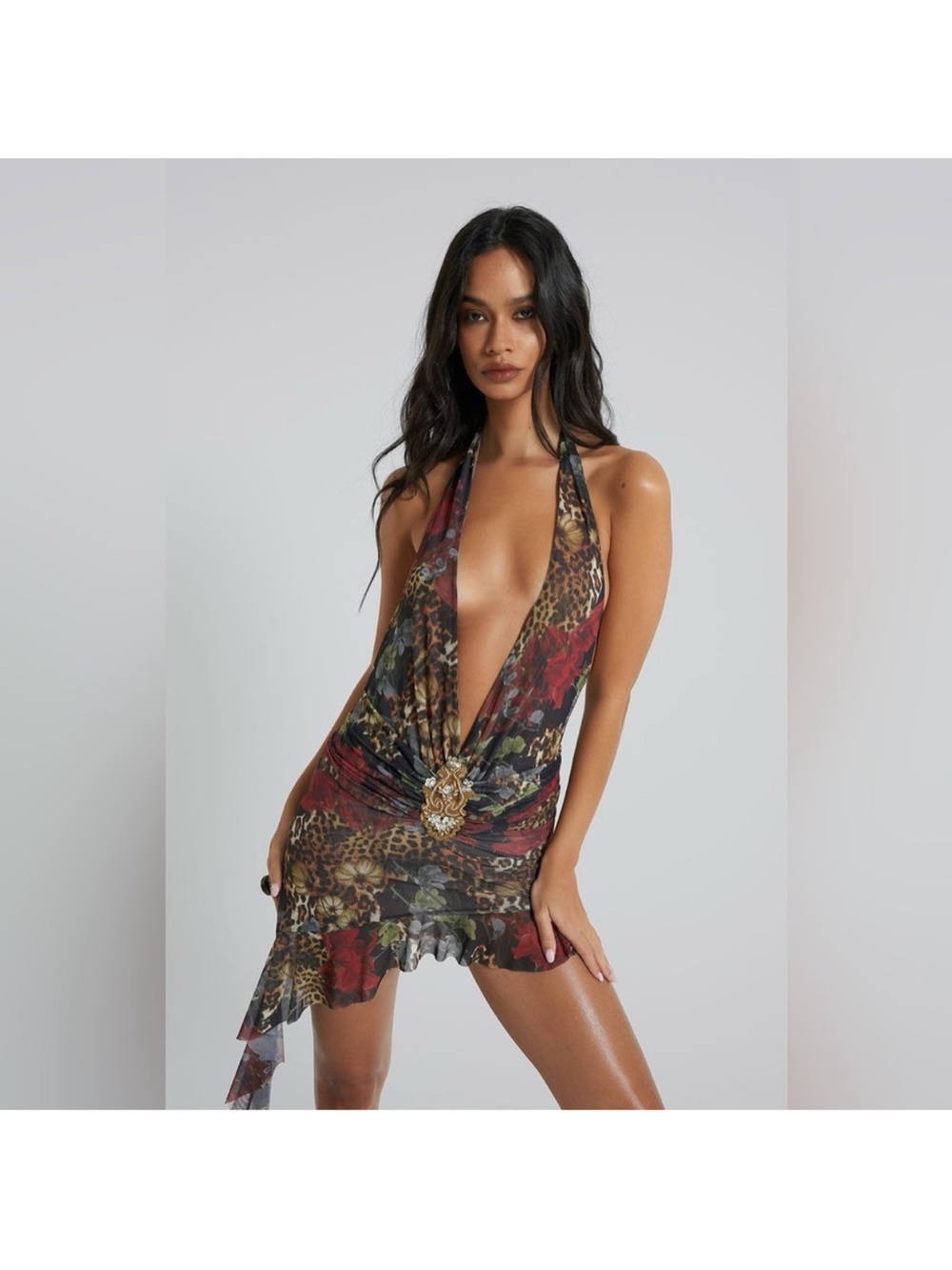 Jaded London Multi-Colored Plunging Halter Mini Dress with Embellished Waist